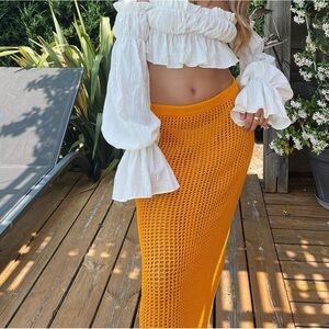 Crochet Knit Maxi skirt vibrant orange Boho summer beach cover‎